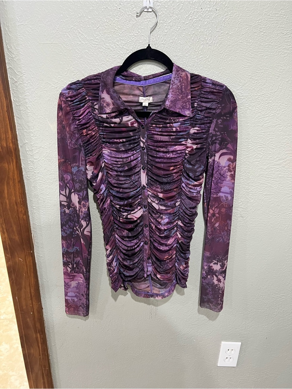 Pilcro Purple Ruched Button-Front Floral Print Shirt Size Small EUC Whimsical